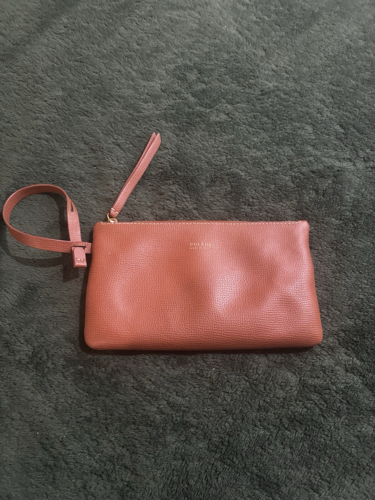 POLENE brown Leather Wristlet Pouch Clutch Made in Spain gold Zipper