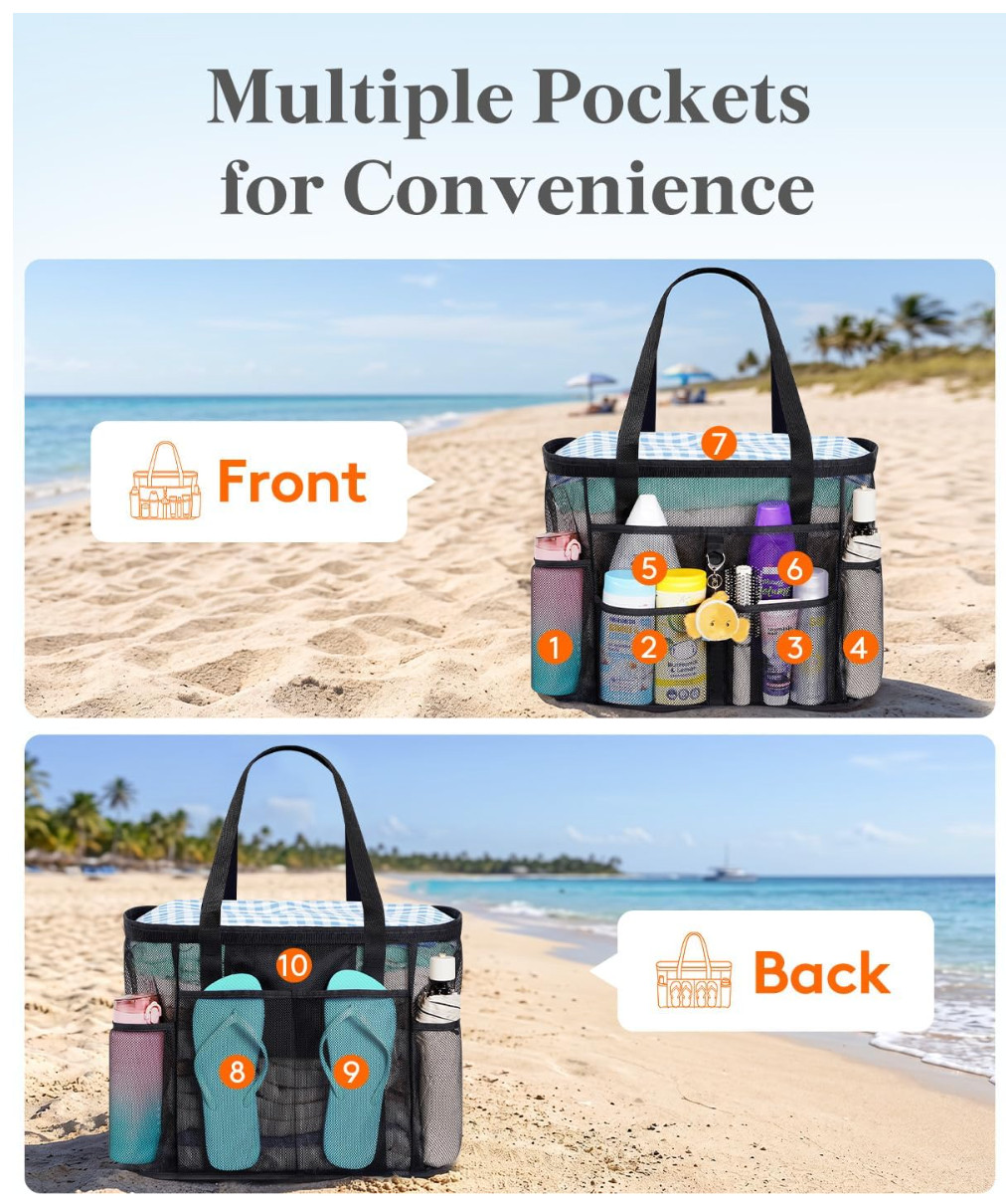 Mesh Beach Bag, Large Travel Tote with 8 Pockets, Quick-Drying Family Pool Swim