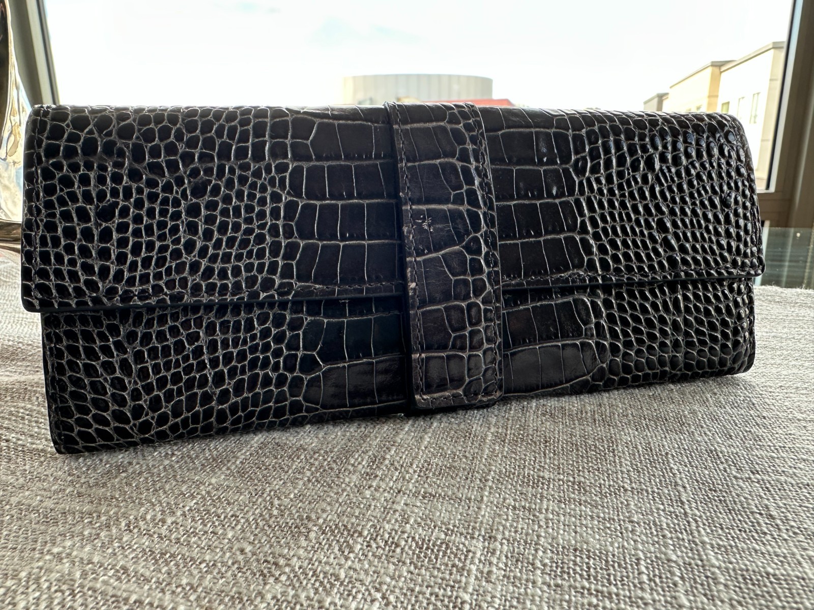 Smythson | Croc Embossed Black Leather Jewelry Roll Travel Clutch