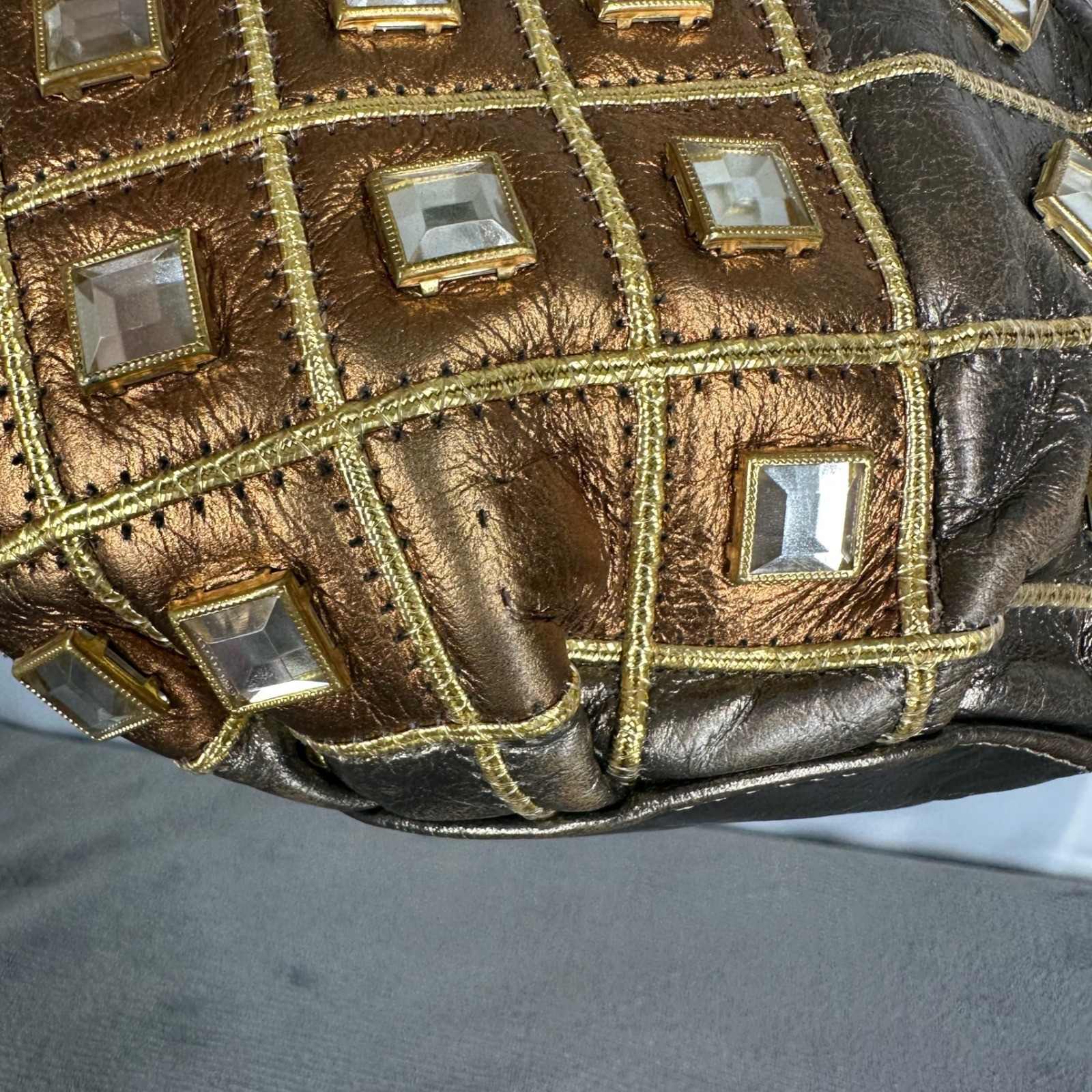 Metallic Bronze Gold Embellished Crossbody Bag Rhinestone Grid Vintage READ