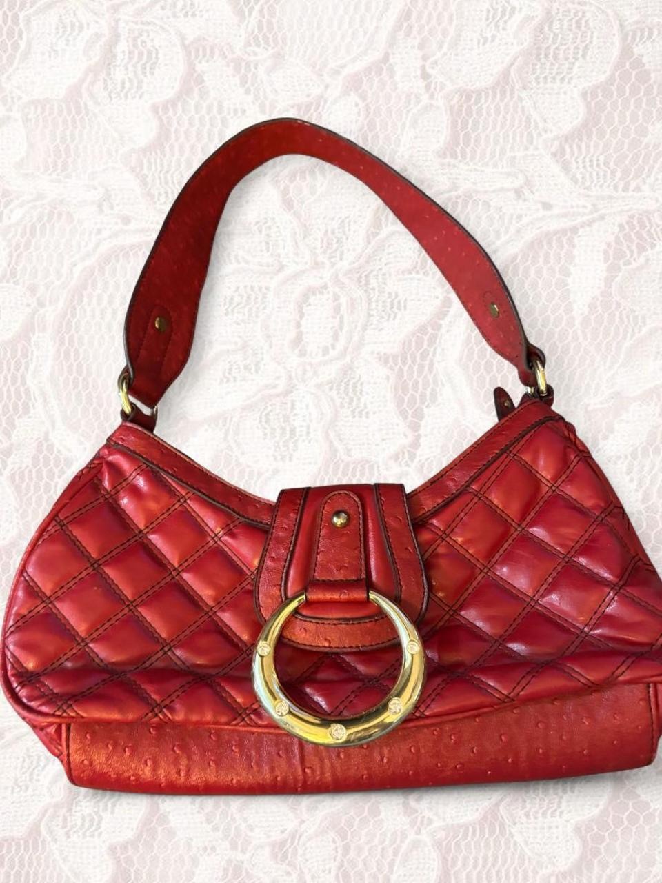 attention Red Quilted Crescent Shoulder Bag Zip Gold Hardware Ring Inner Pockets