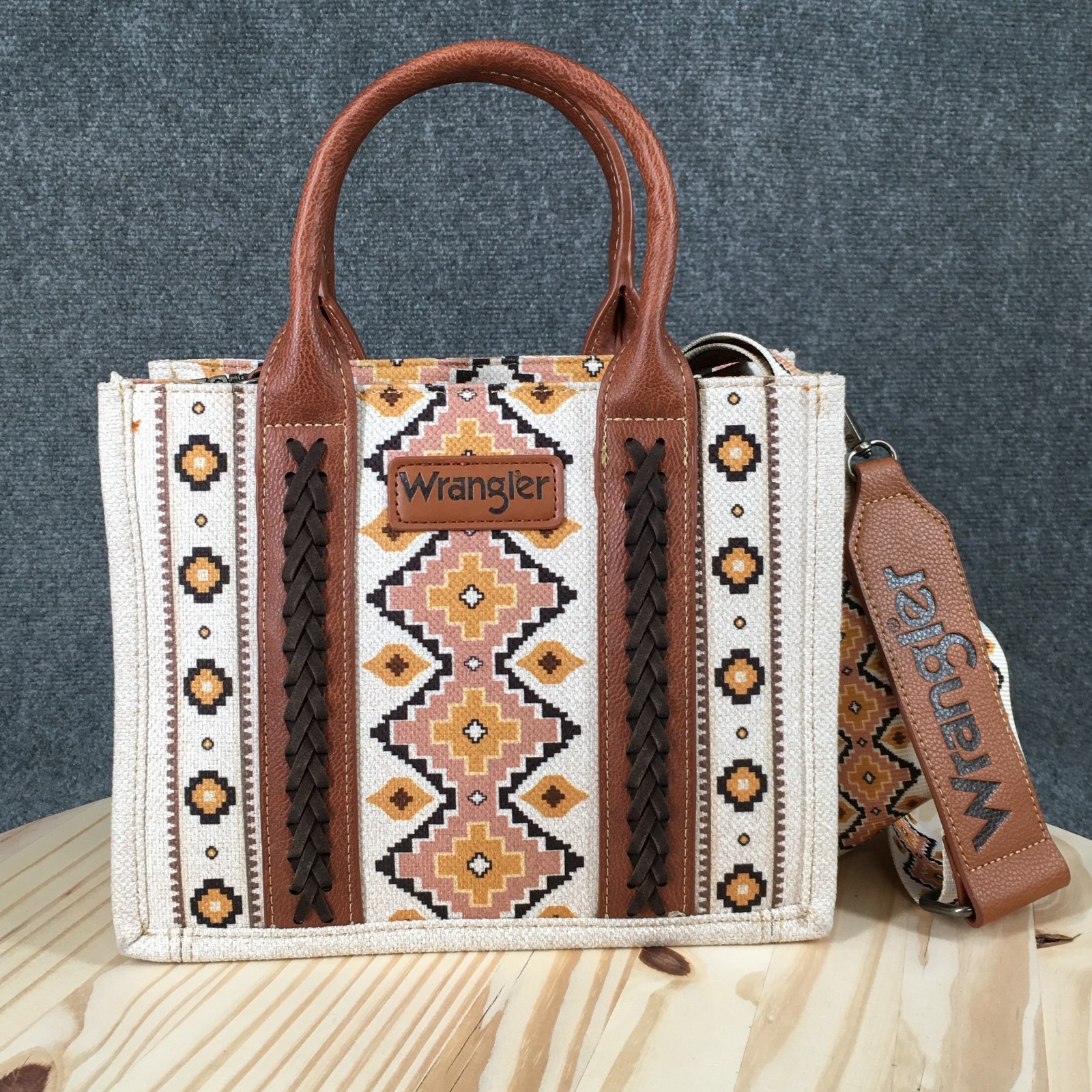 Wrangler Southwestern Print Small Canvas Tote Brown Beige Aztec Small Crossbody