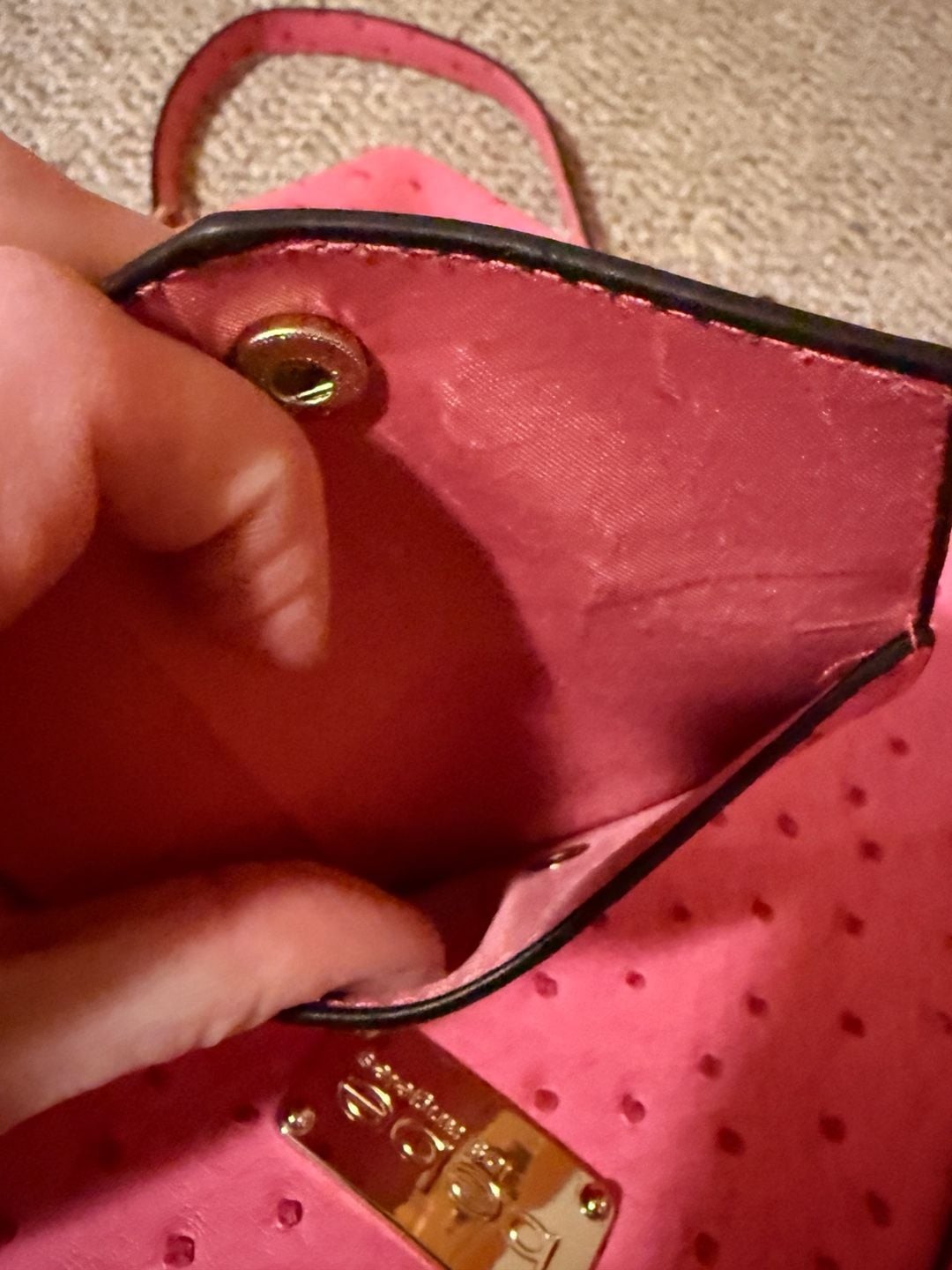 bebe Aubrey Faux Ostrich Pink Satchel with Matching Card Case