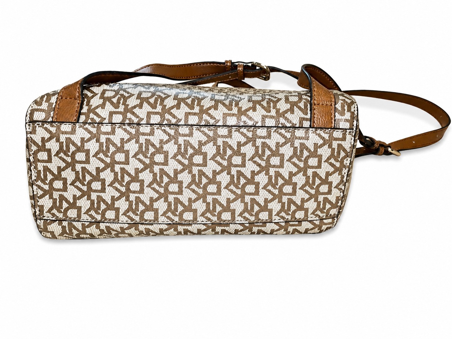 DKNY Monogram PVC Backpack Brown Tan Convertible Shoulder Bag Pre-Owned