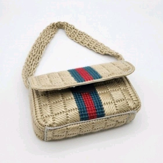 Beige Striped Shoulder Bag Red Blue Accent Rectangle Casual Beach Medium