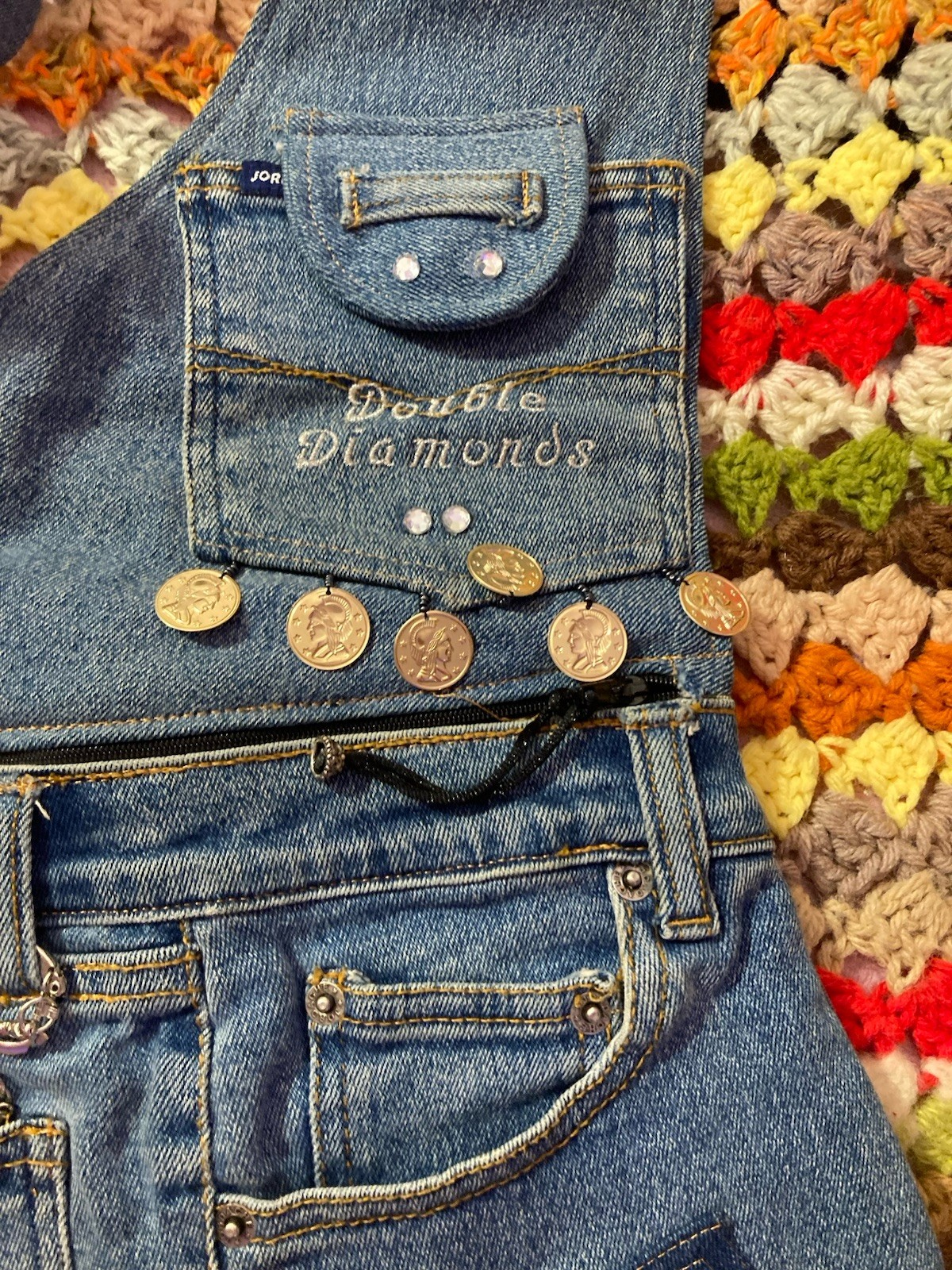 Jordache Blue Denim Shoulder Bag Embroidered Rhinestone Vintage Charm Silver Y2K