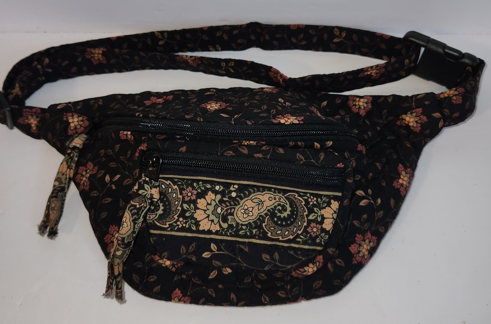 Vintage 90s Vera Bradley Fanny Pack Quilted Black Walnut Pattern Zip Closure