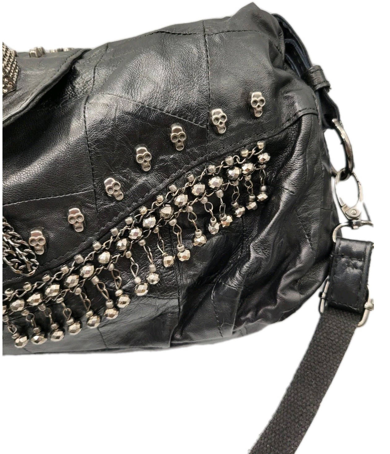 MG Collection Skull Studded Fringe Beads Handbag Punk Gothic Black Leather CLEAN