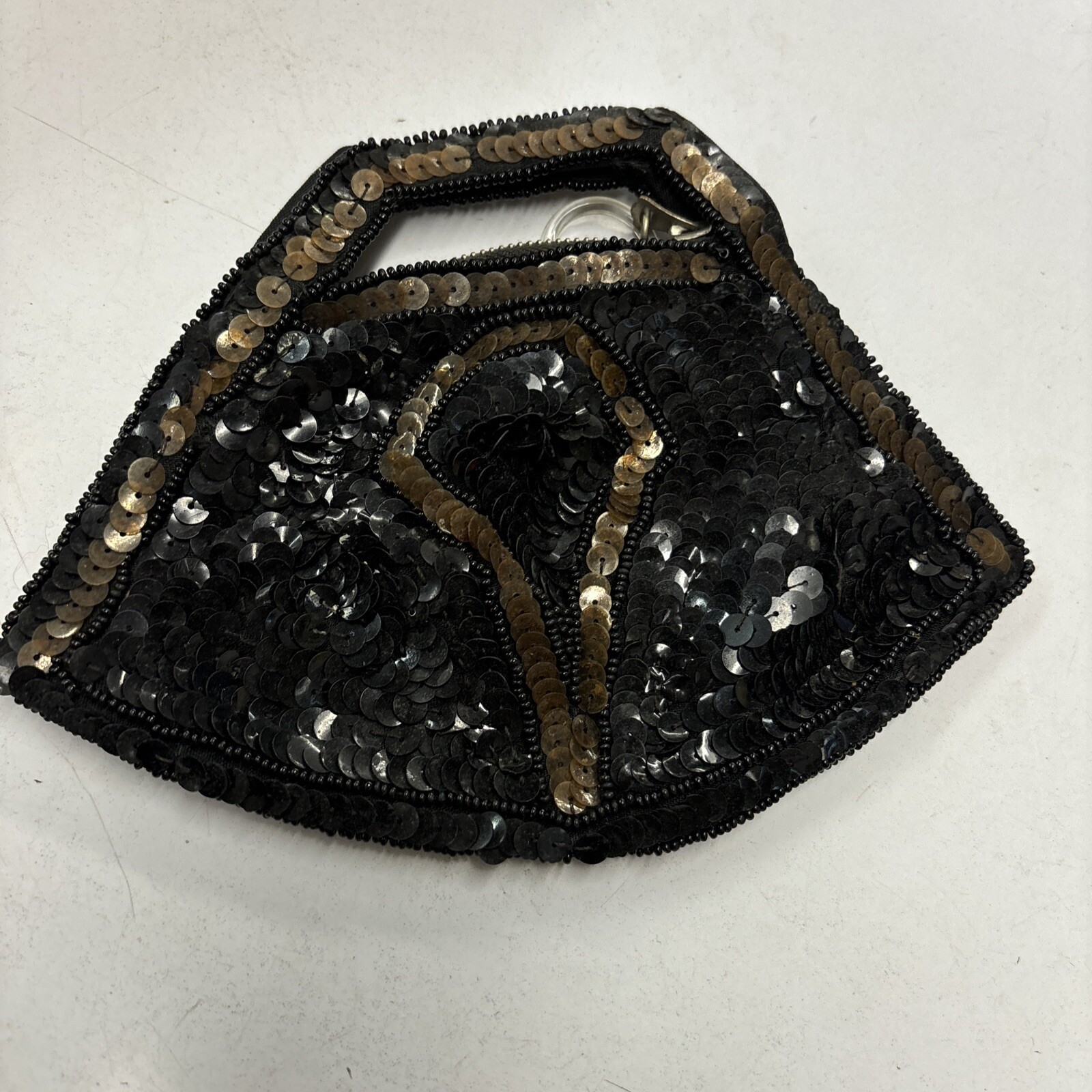 Antique Black Gold Sequin Art Deco Small Clutch Purse Lipstick Change 7″x5″