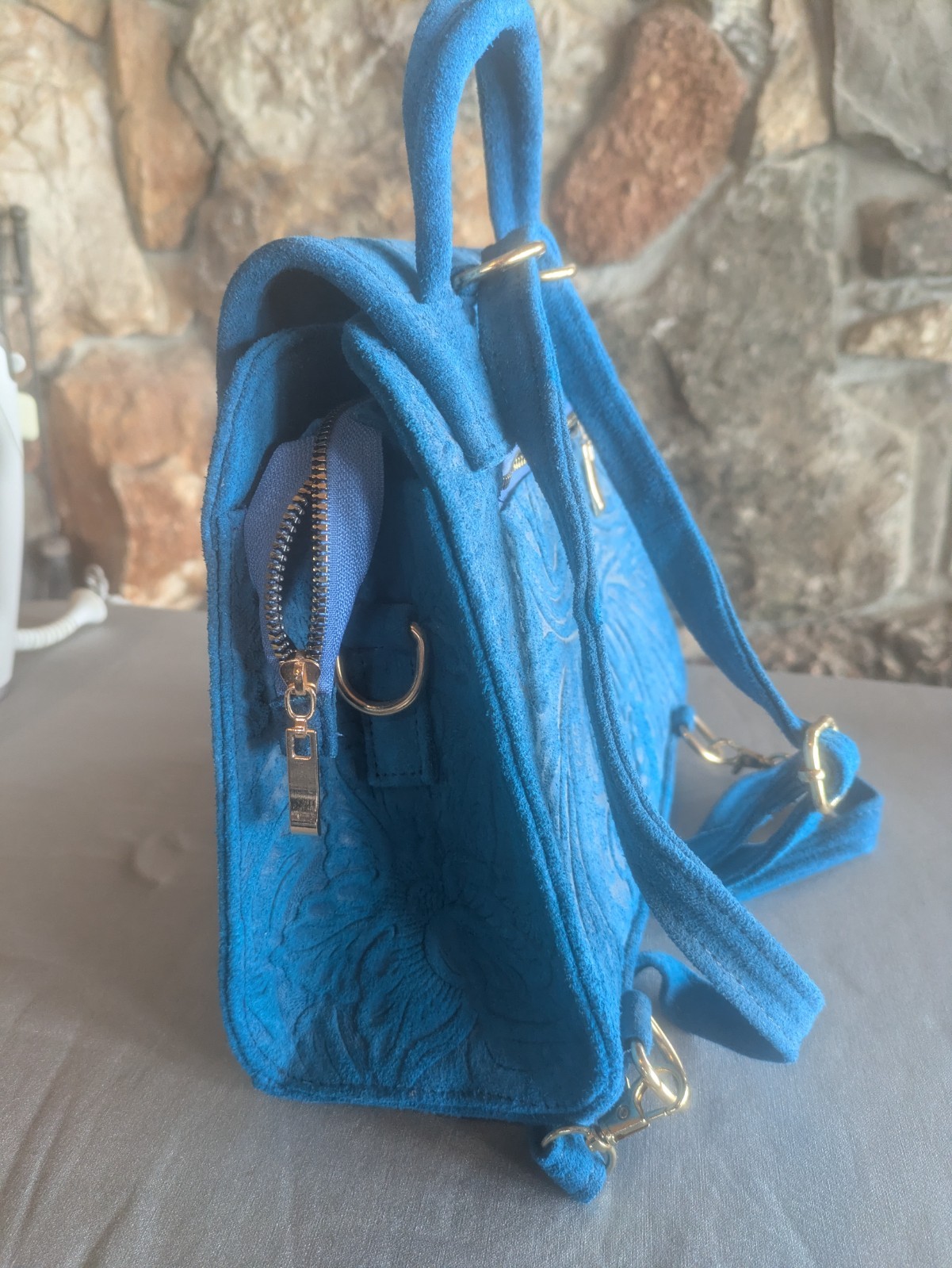 Handmade Turquoise Blue 100% Leather (Suede) Paisley Pattern Backpack/ Purse NWT