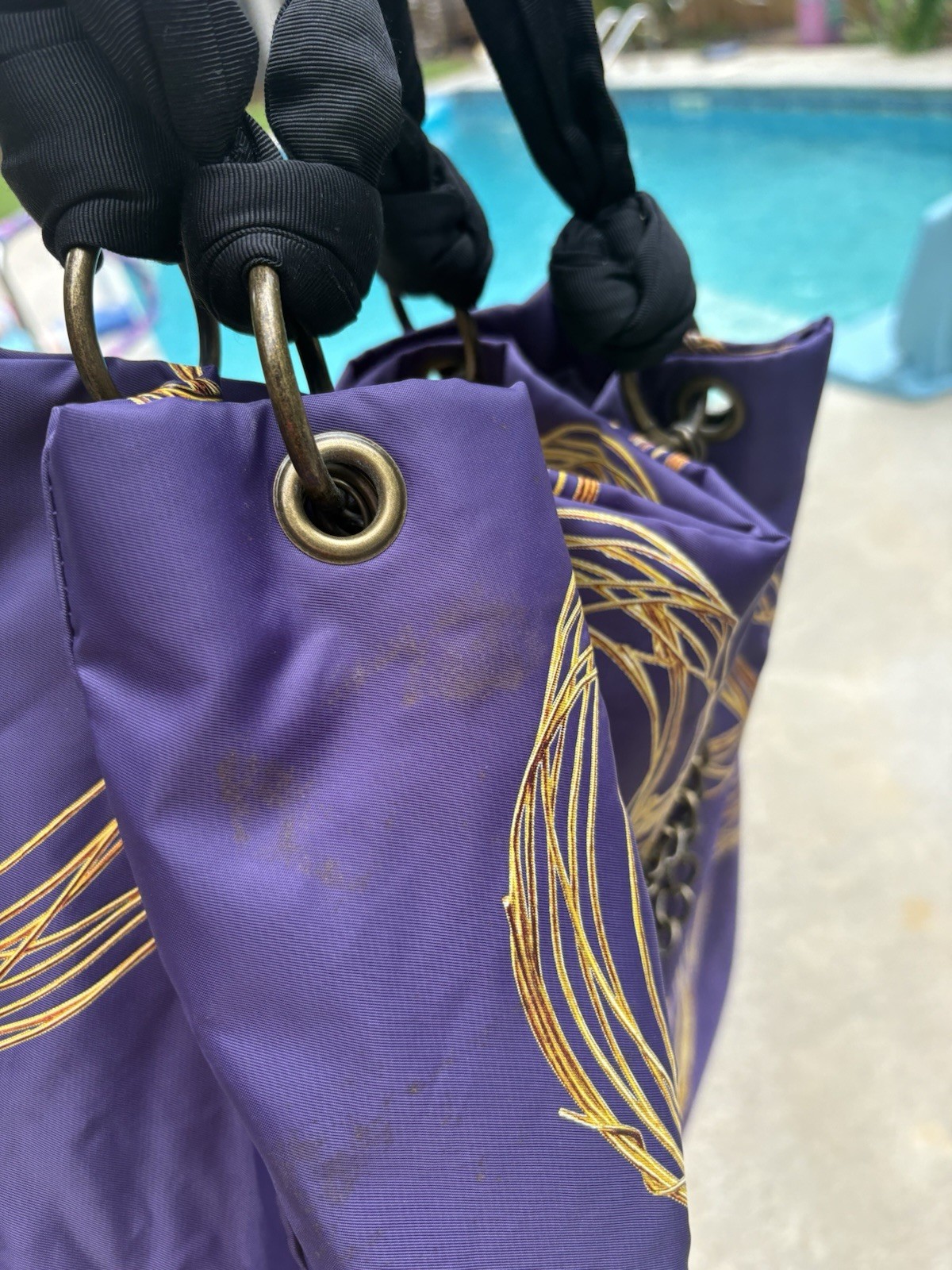 Vera Wang Purple/Gold Abstract Tote Bag Chain & Logo Accent, Black Handles