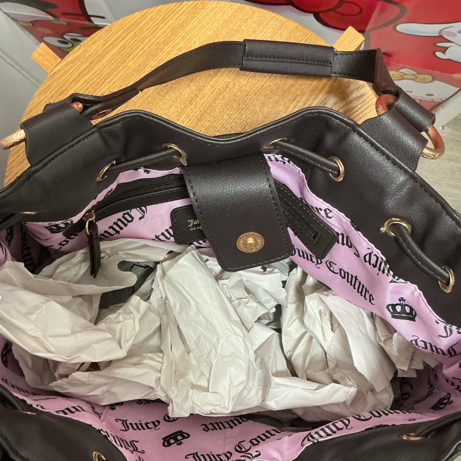 Juicy Couture Purple & Black Shoulder Bag Drawstring, Heart Charm, Pockets