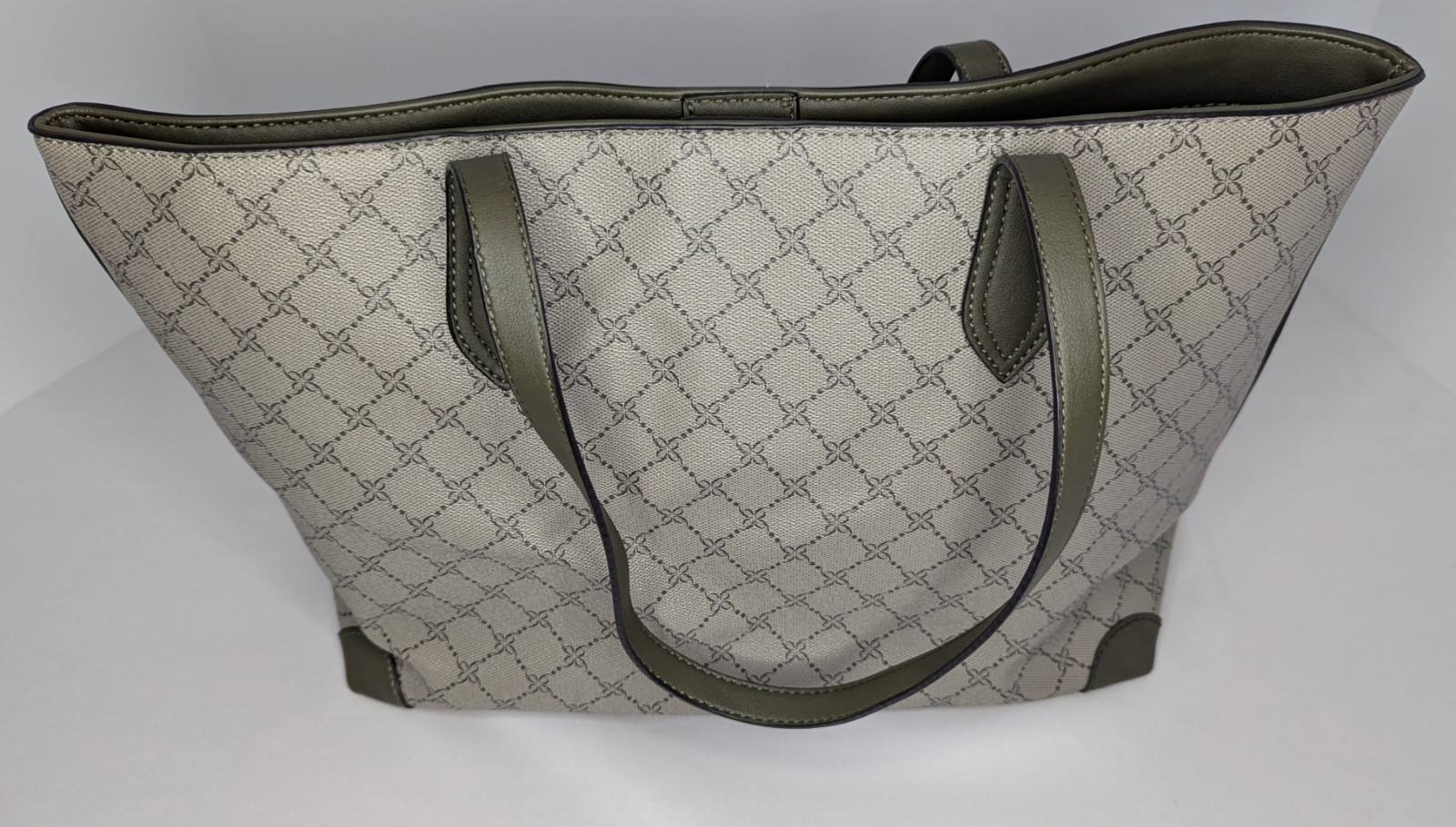 Nine West Tote Bag Featuring a Beige Geometric Print and Pink and Olive Accents