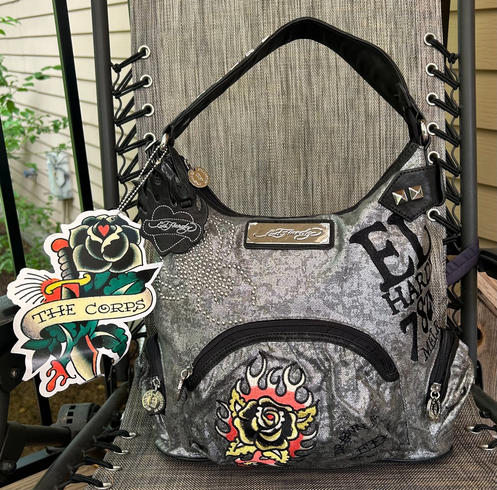 ED HARDY Metallic SILVER Black GINA Goth SEATTLE Melrose 1971 Corps TOTE Bag NWT