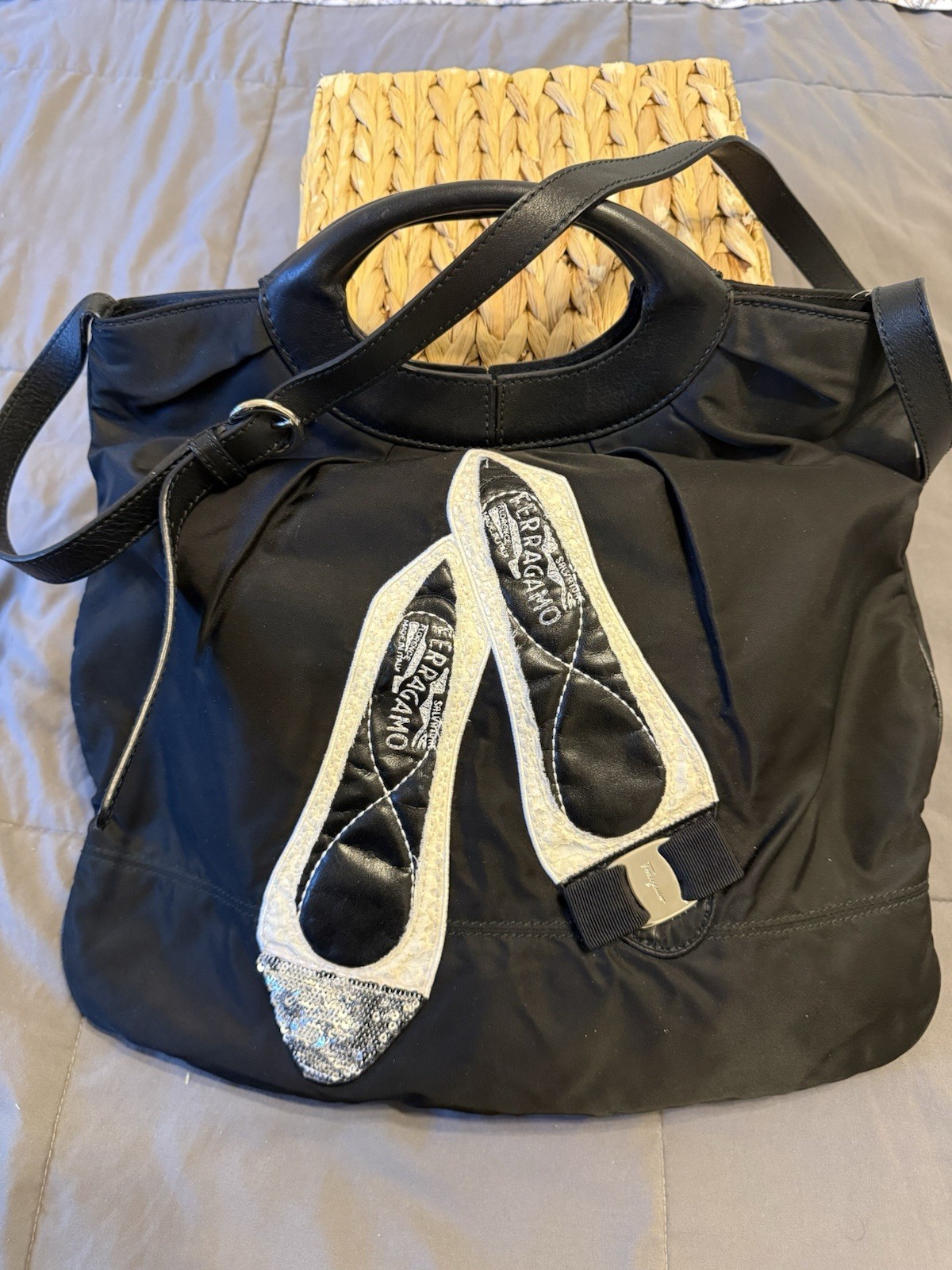 Salvatore Ferragamo nylonBlack Large Satchel, Zip, Detach Strap, Silver HW, Bow