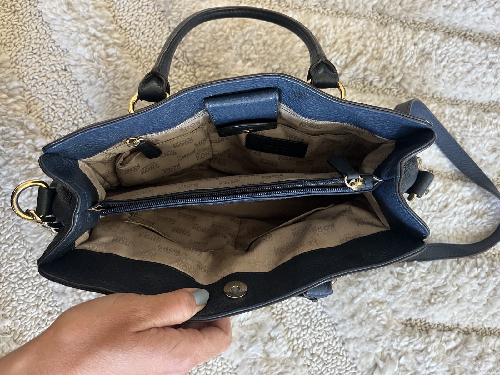 MICHAEL KORS “Hamilton” Steel Blue Pebbled Leather Satchel Bag Crossbody strap