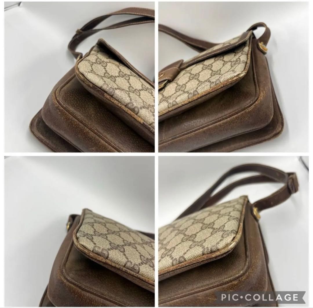 GUCCI Vintage GG Supreme PVC Flap Shoulder Bag Beige Brown 27x21cm Authentic