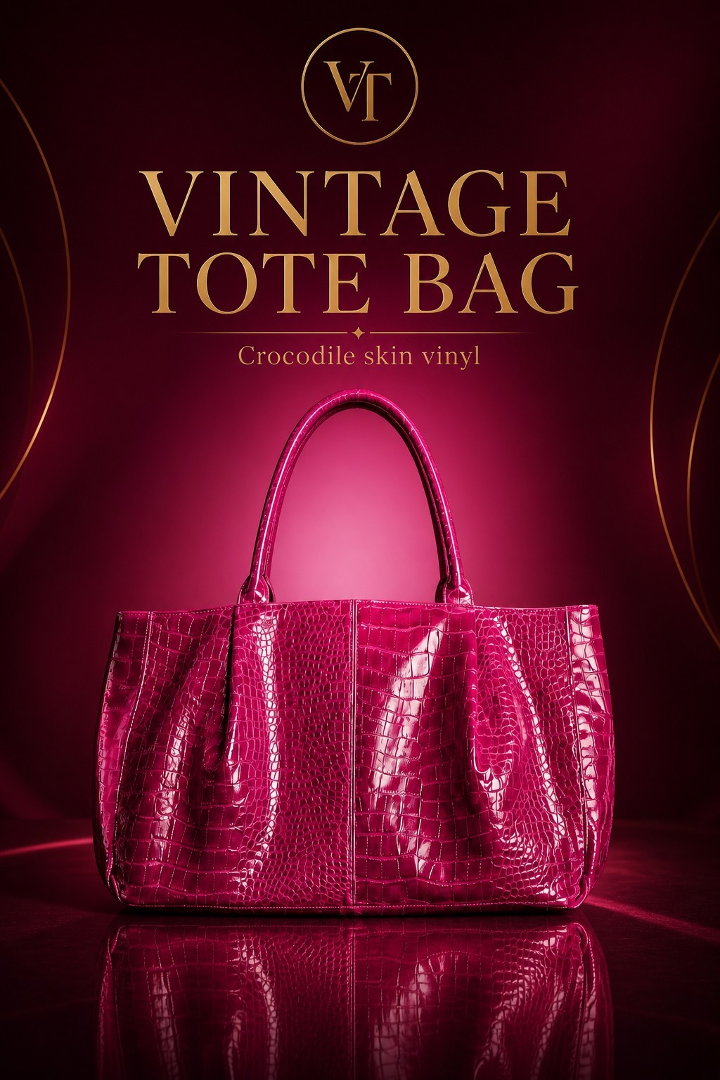Vintage Faux Hot Pink Crocodile-Embossed Vinyl Tote Bag, Faux