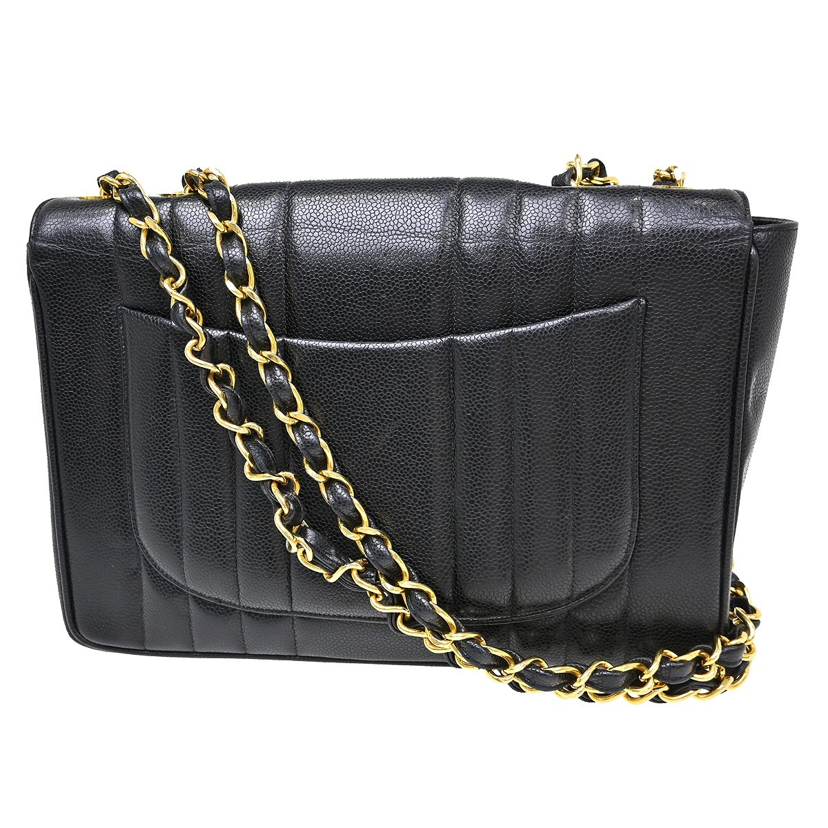 Chanel Black Calfskin Jumbo Vertical Stitch Classic Flap Bag NQ09469