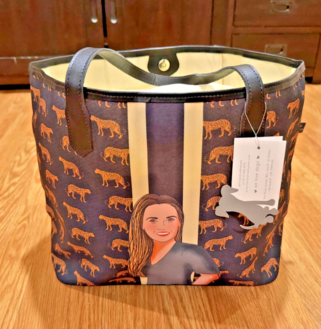 Flavia Carvalho Pinto NWT Tote Bag Leather Black/Tan Tiger Detail