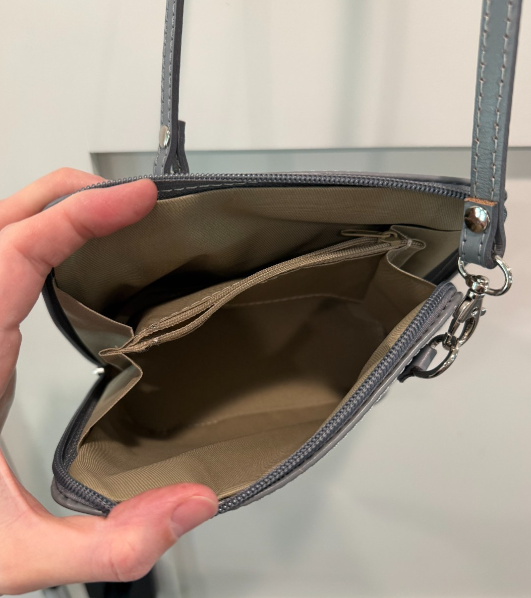 Vera Pelle Italian Leather Crossbody Bag Purse Adjustable Grey Blue Summer Bag