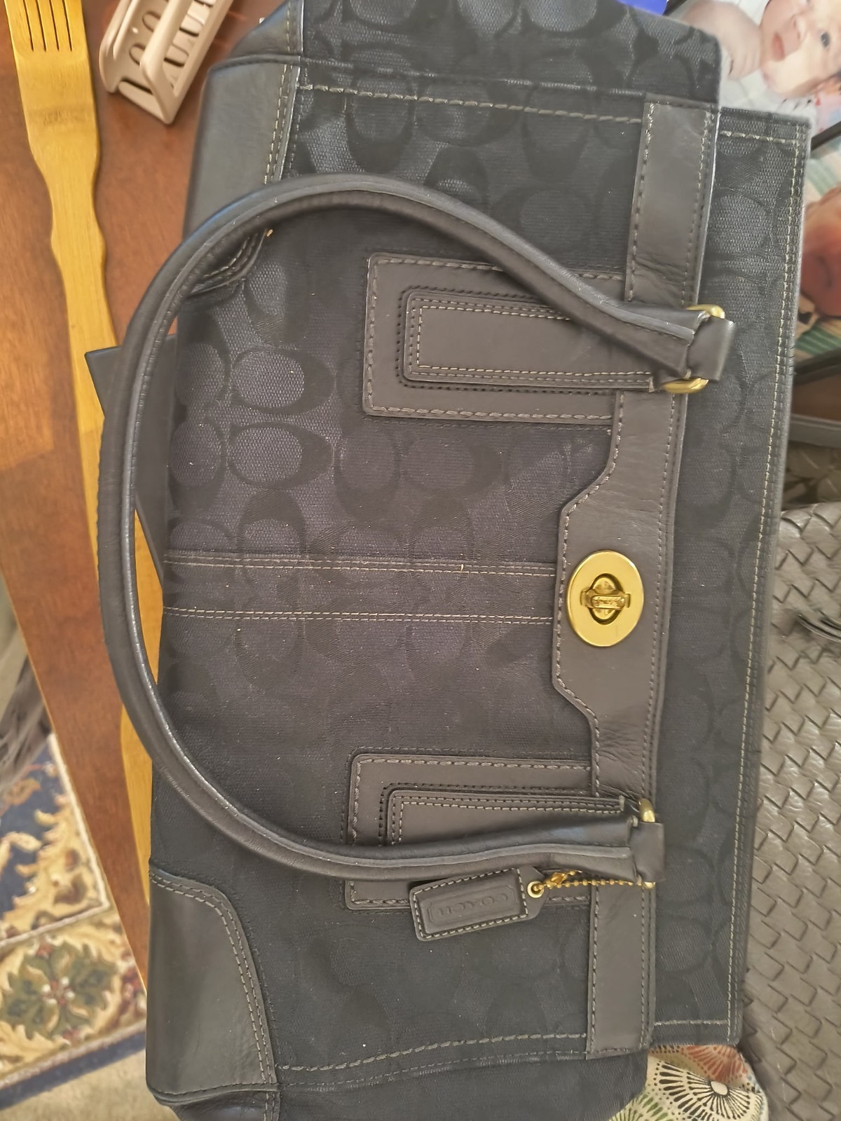 Coach Signature Black Medium Satchel Top Handle, Zip/Turn Lock, Gold HW