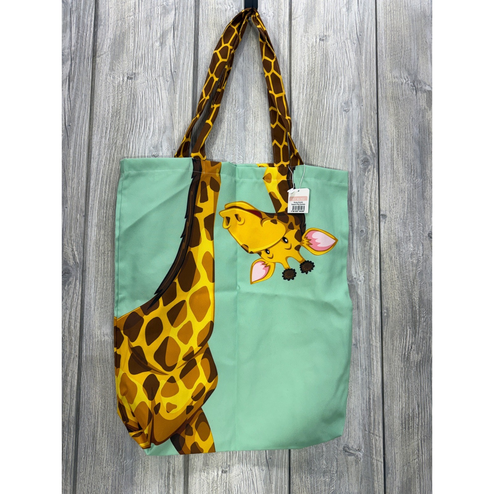Ecrou Giraffe Print Canvas Tote Bag Mint Green Animal Graphic Beach Shopper NWT