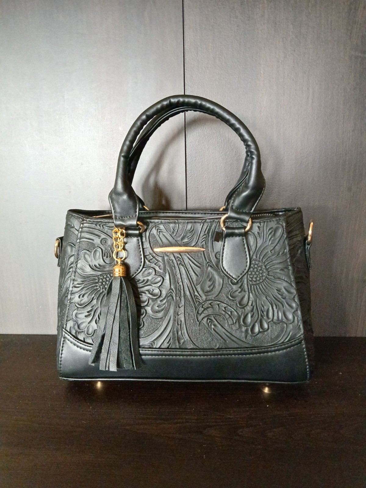Black Tasseled Floral Embossed Tooled Artisan LEATHER Crossbody bag Purse