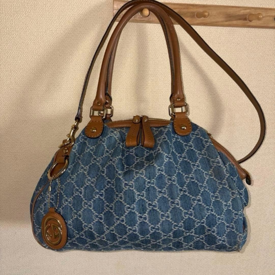 GUCCI Sukey GG Denim 2Way Handbag Shoulder Bag Leather Trim Blue Brown Used