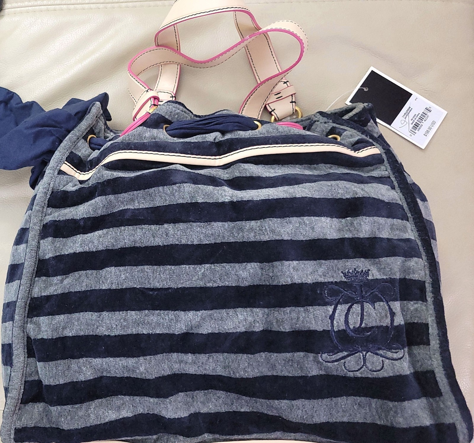 Vintage Navy and Gray Striped Daydreamer Juicy Couture Velour Tote Bag