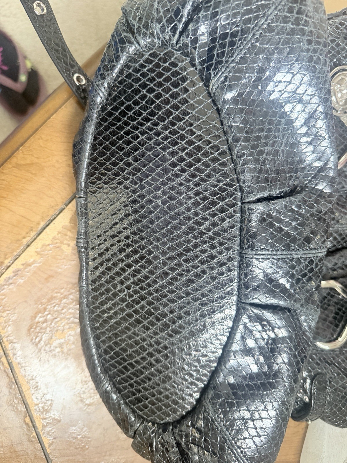 Céline Black Snake Skin Satchel Top Handle Zip Bag Silver Hardware Charm