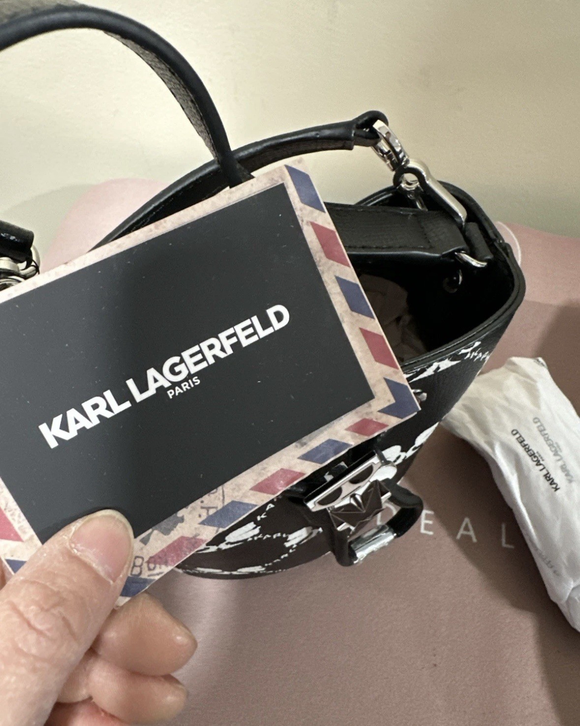 Karl Lagerfeld Paris Mini Drawstring Bucket Bag Black Logo NWT RARE CUTE RP:$168