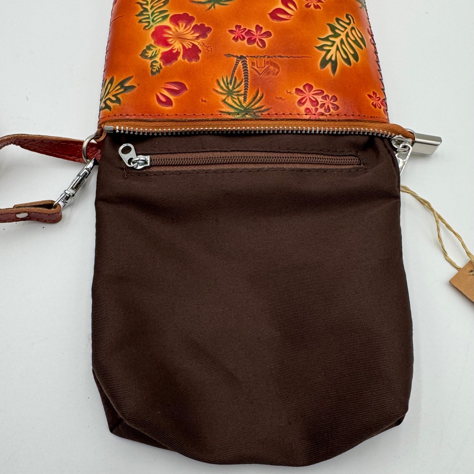 Aloha From Hawaii Crossbody Bag Hand Made Leather Tropical Floral Women Brown