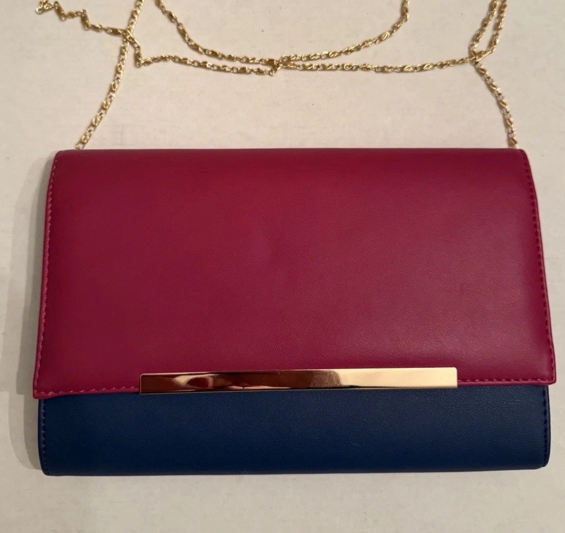 Blue And Red Clutch Purse with Gold Tone Chain, One Compartment Snap Closure