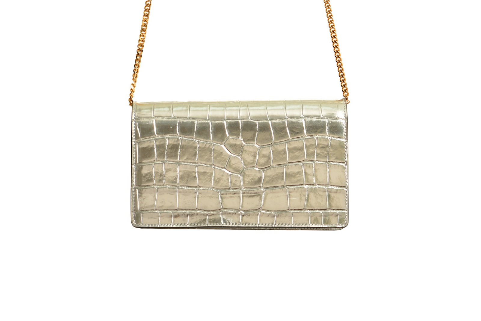 Versace Silver 100% Leather Croc Print Gold Medusa Chain Clutch Shoulder Bag
