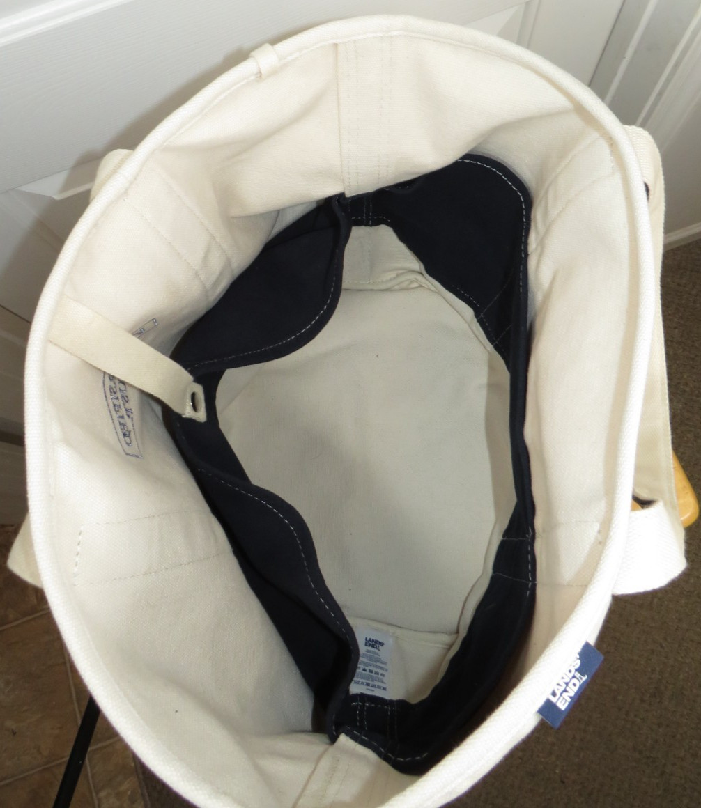 LANDS END Canvas Boat Tote Bag XL Open Top 21”x16”x9” Natural/Navy Logo*