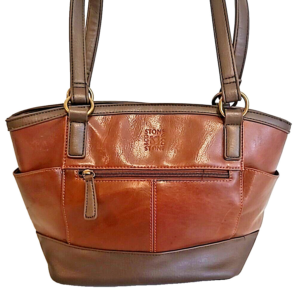 Stone & Company Leather Purse Shoulder Bag 2 Tone Brown Double Handle W/ Pockets