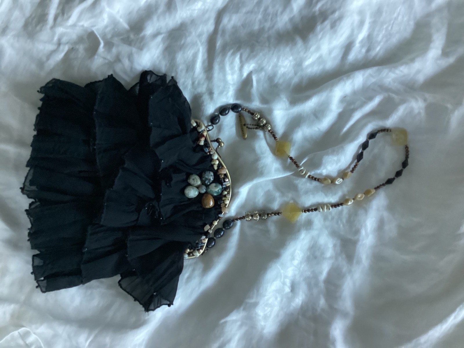 Mary Frances Black Chiffon Tiered Ruffles Shoulder Bag Natural Stones & Beads