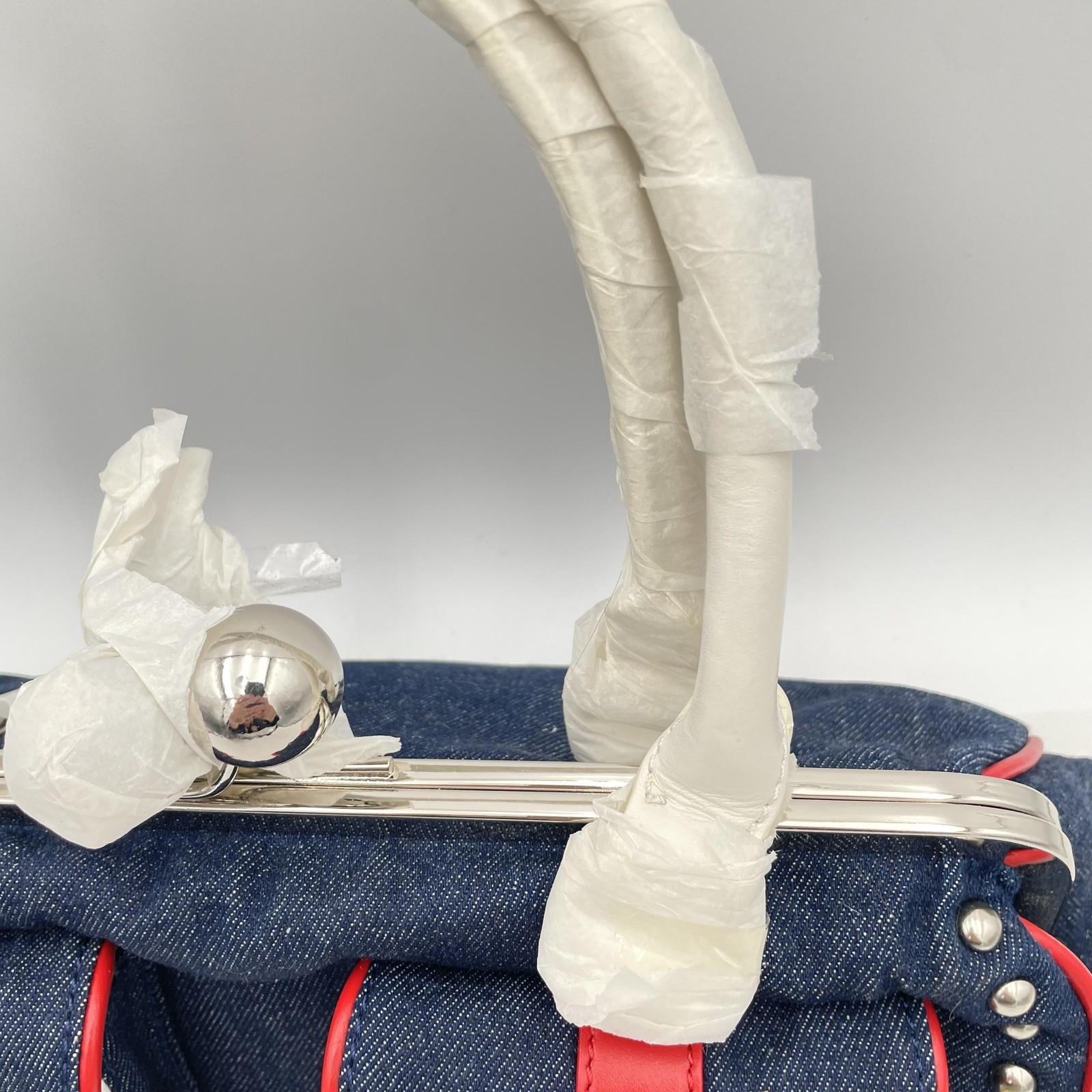 euroWellness Denim Satchel Handbag Studded Kiss Lock Top Handle Blue Red White