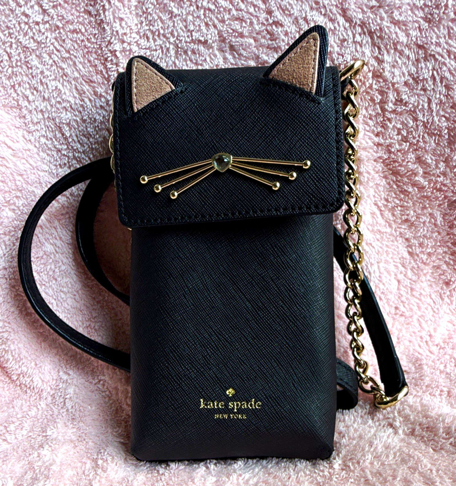 kate spade new york Black Cat Phone Crossbody Wallet Bag Gold Chain Strap