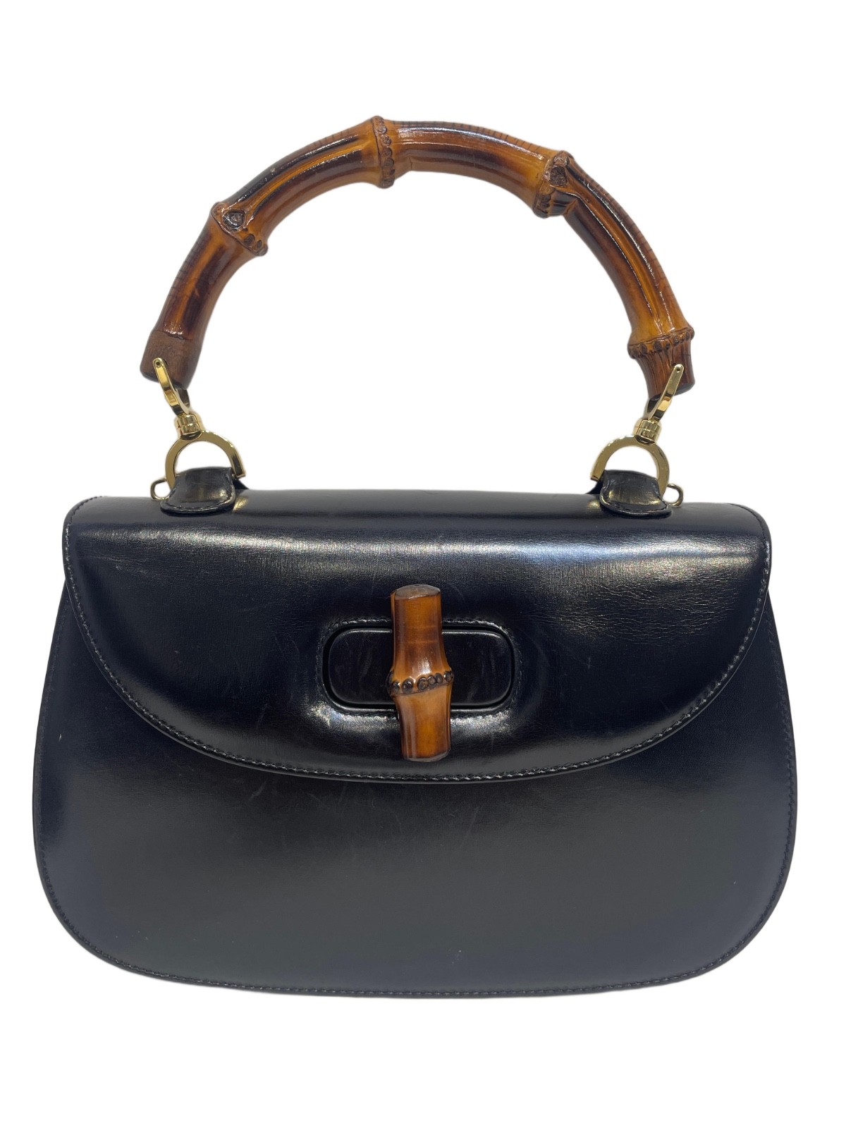 Authentic Gucci Bamboo 1947 Small Top Handle Shoulder Bag Black Leather Used
