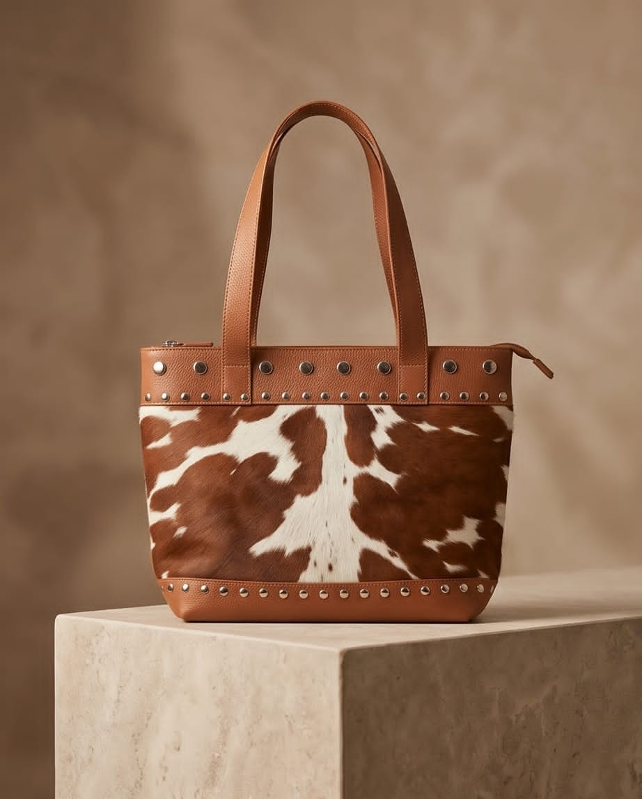 Genuine Cowhide Leather Tote Bag Hair-On Brown White Shoulder Handbag Western