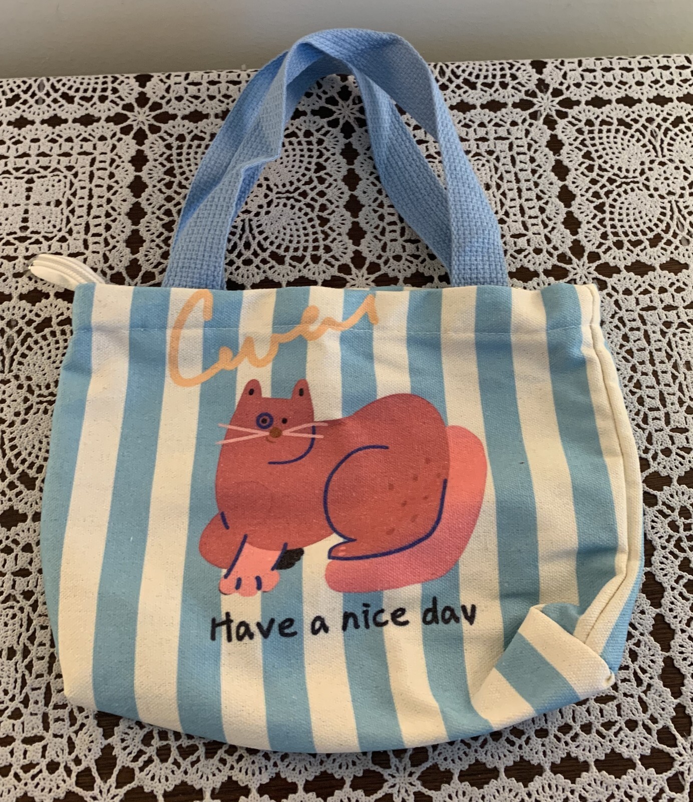 Pink Cat Design Tote Bag Blue White Stripes Zippered 9 x 6 Inch Canvas Brand New
