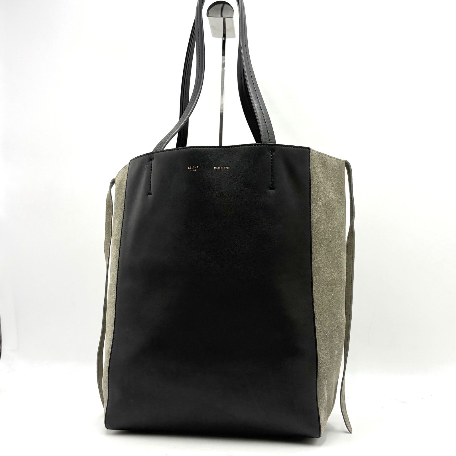 CELINE Cabas Phantom Suede and Leather Tote ShoulderBag Black Khaki A4 Authentic