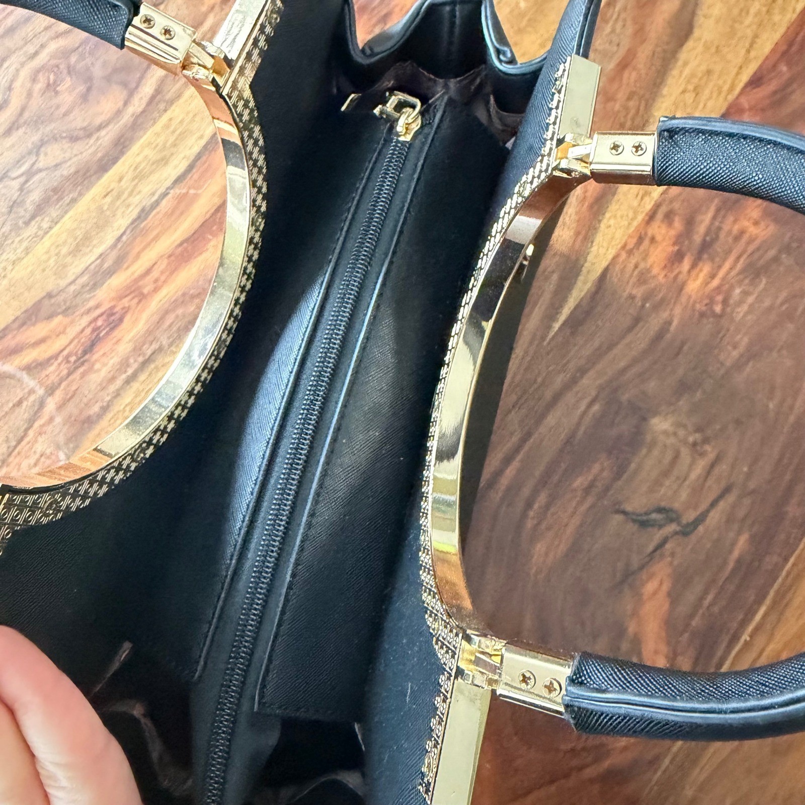 Black Top Handle Purse Satchel Bag Gold Tone Ring Handle Pocket Old Money Luxury