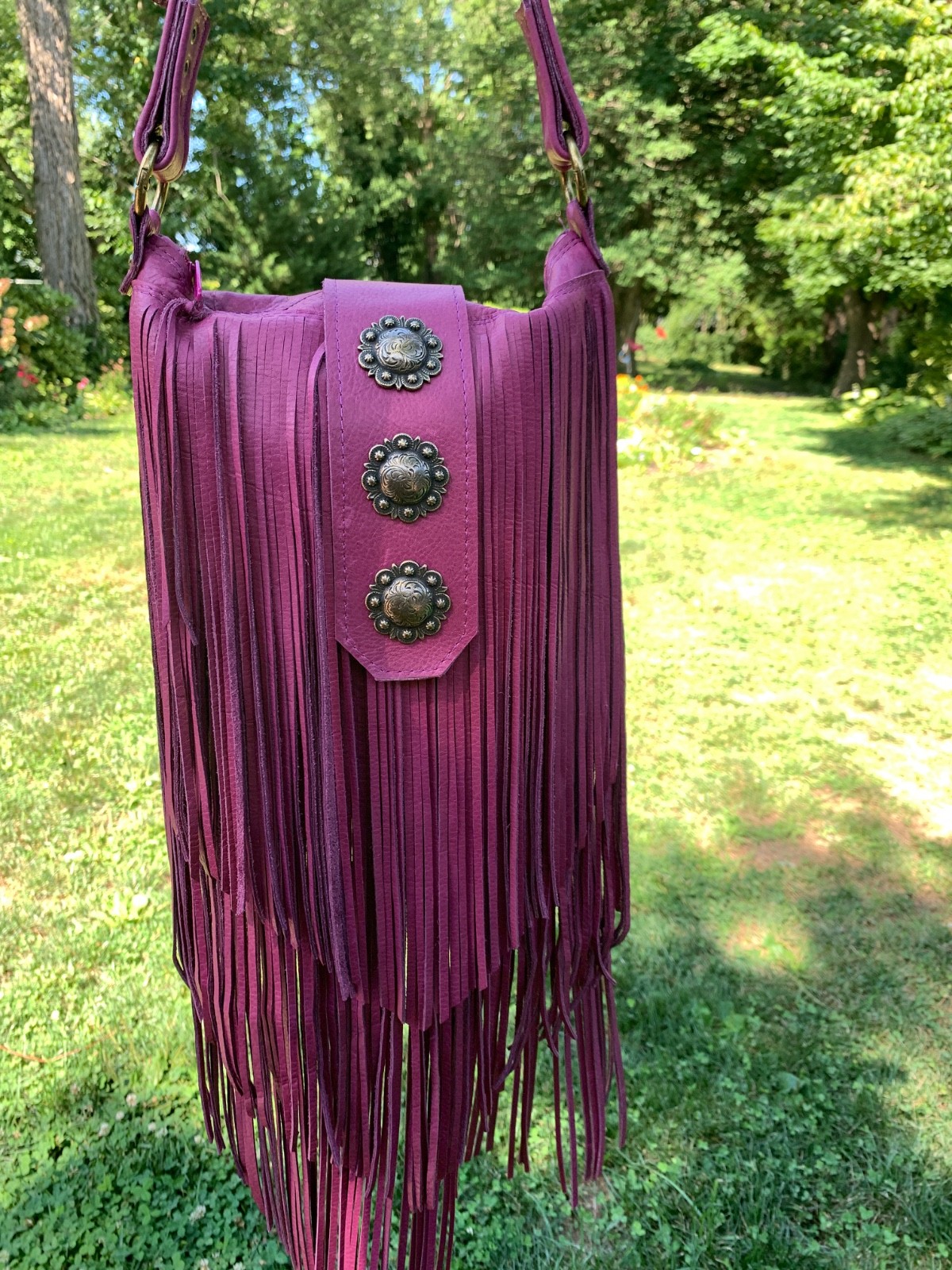 Purple leather boho Southwest festival LONG fringe crossbody bag