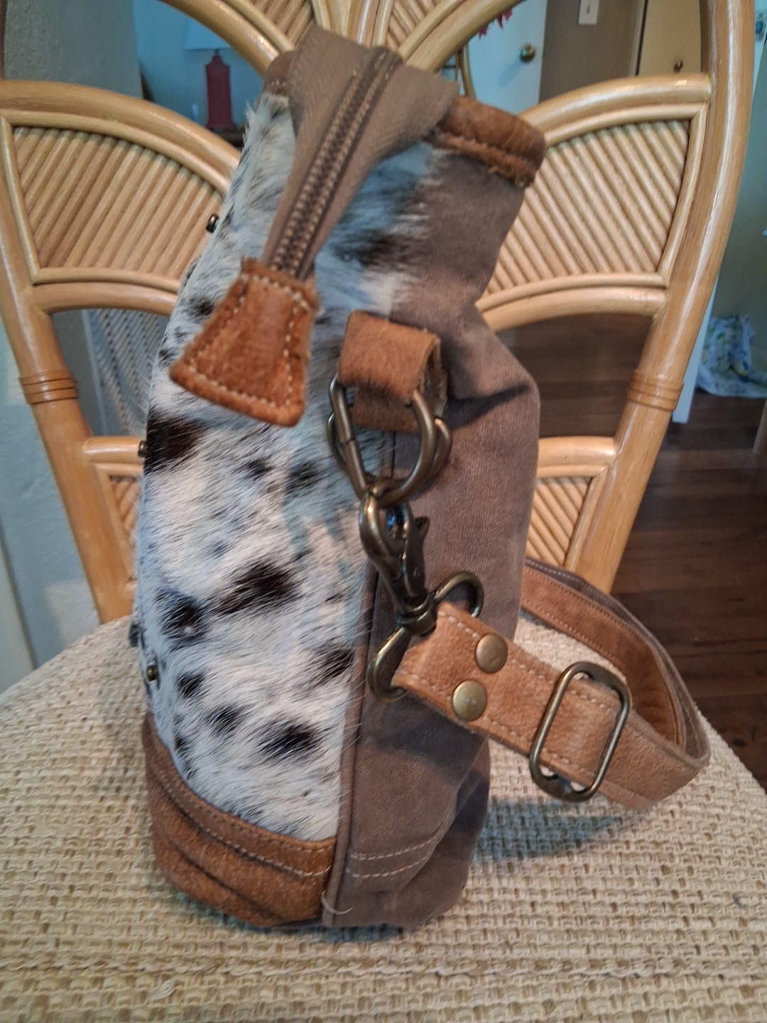 Myra Bag Tribal Aztec Front Pocket Upcycled Canvas Cowhide Leather Shoulder Bag