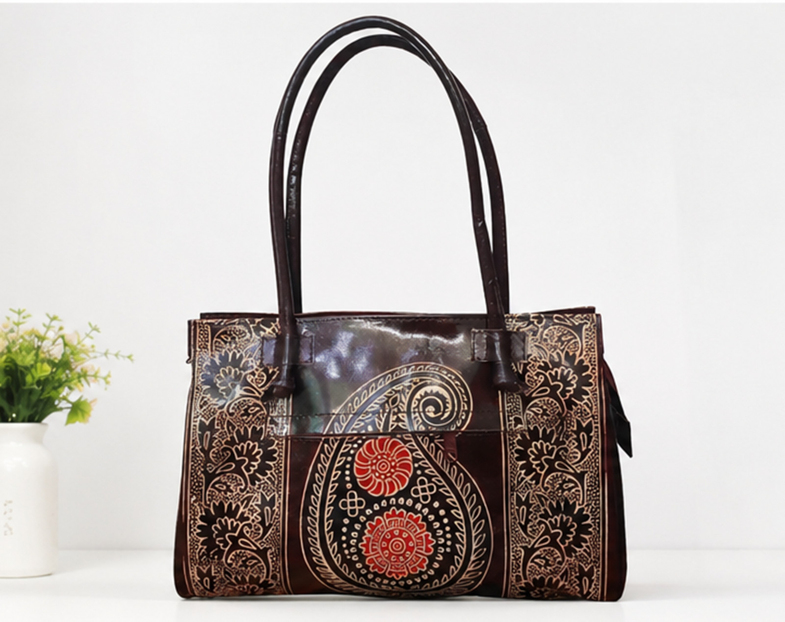 Handcrafted Black Paisley Tote Bag, Artisan Shoulder Handbag, Boho Floral Print