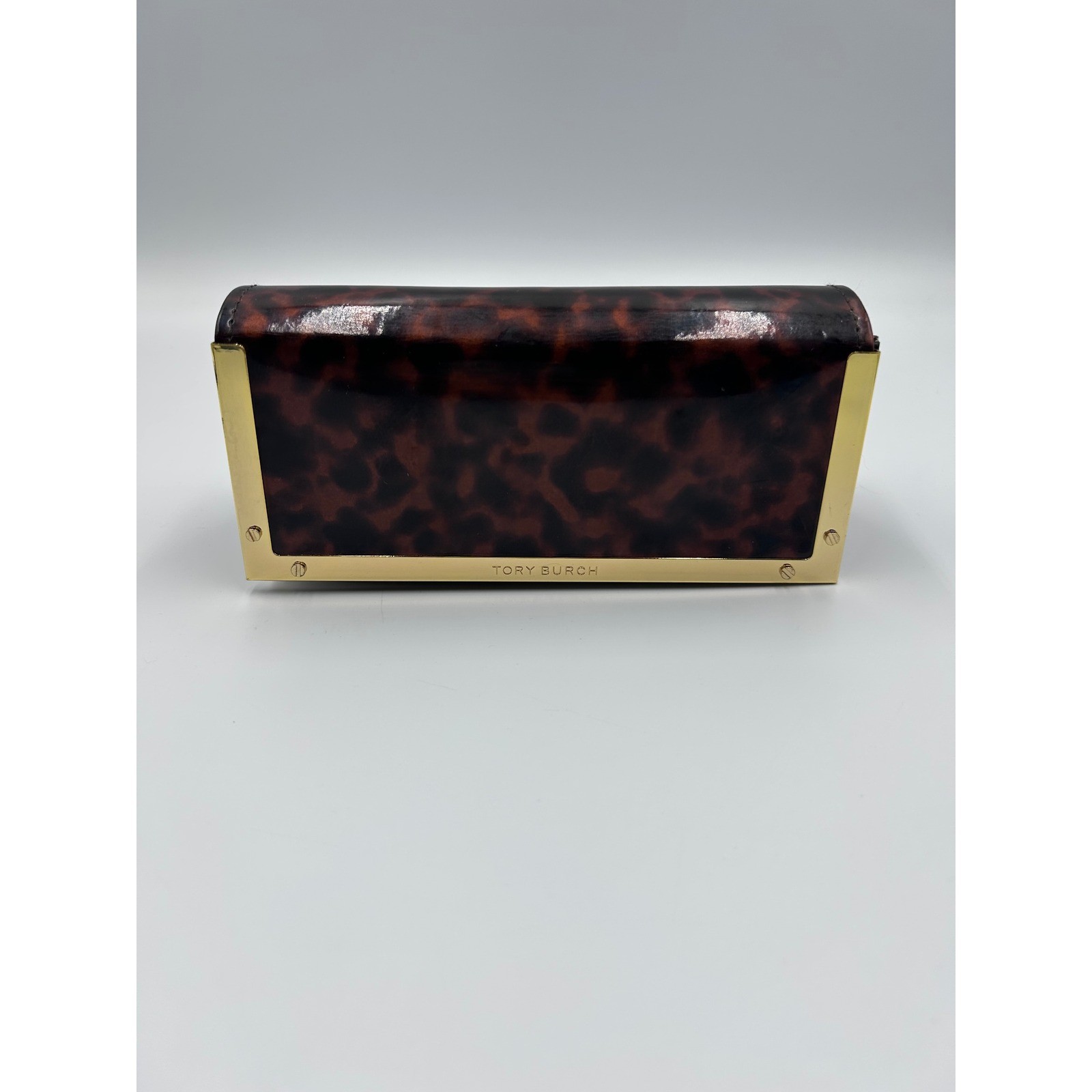 Tory Burch Tortoise Shell Evening Clutch Bag Gold Hardware Brown Glossy Luxury