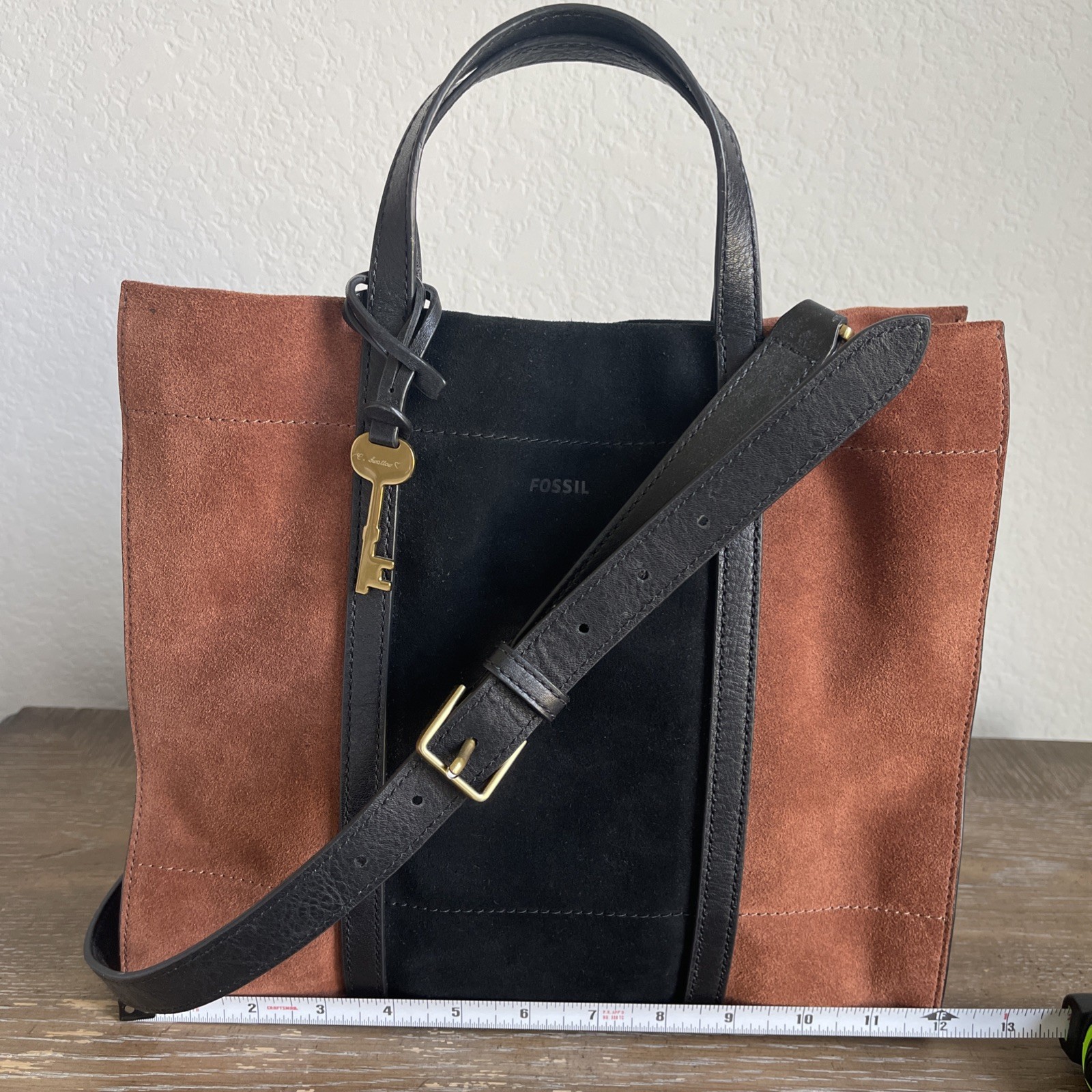 Fossil Carmen Tote Brown/ Black Suede Leather, Crossbody